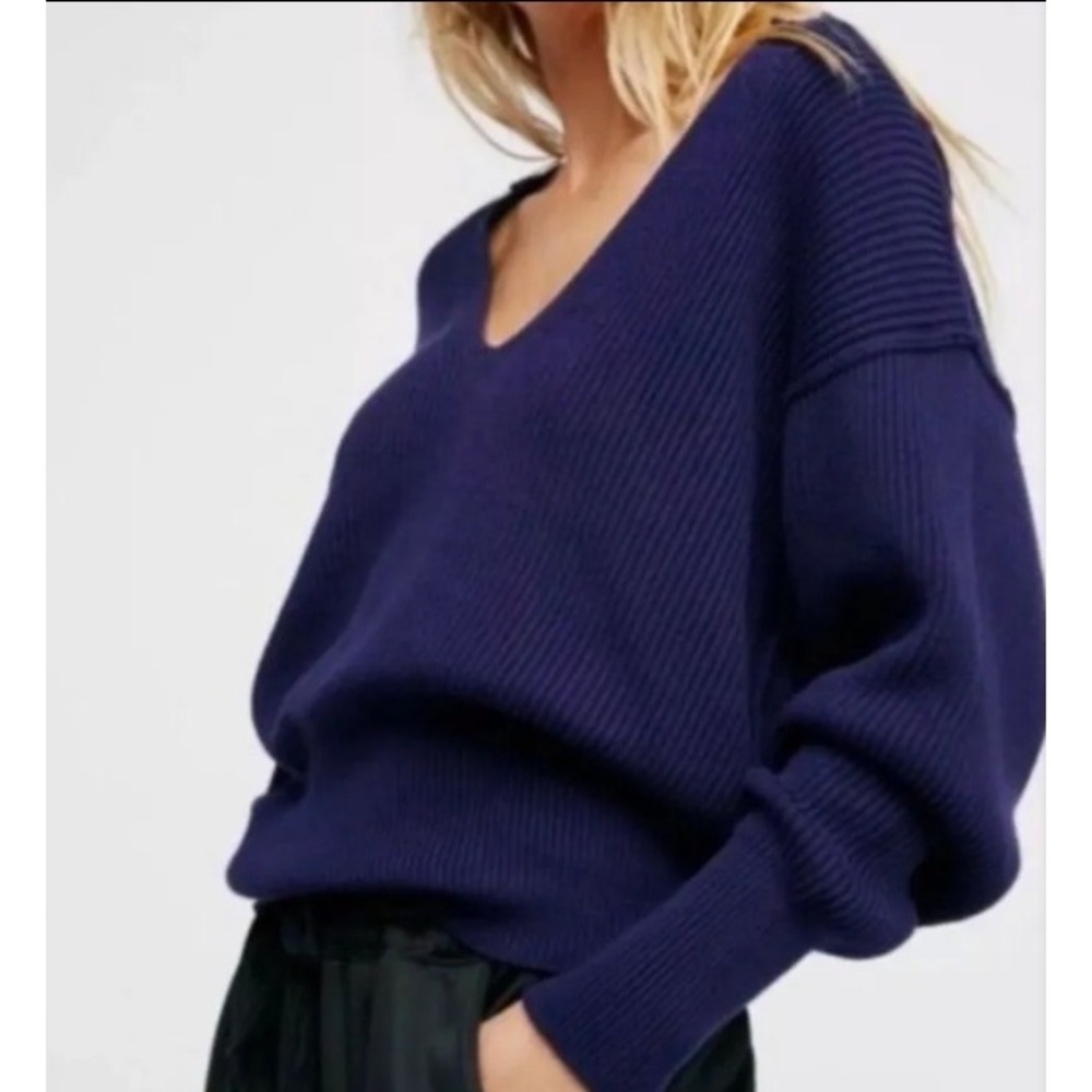 Free People Ottoman Slouchy Tunic V-Neck Ribbed Sweater Navy Blue Purple S